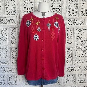 Vintage Red Embroidered Christmas Ornament Grannycore Cardigan Sweater Sz Large